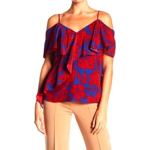Diane Von Furstenberg Ruffle Cold-Shoulder Leclaire Floral Silk Blouse Size M